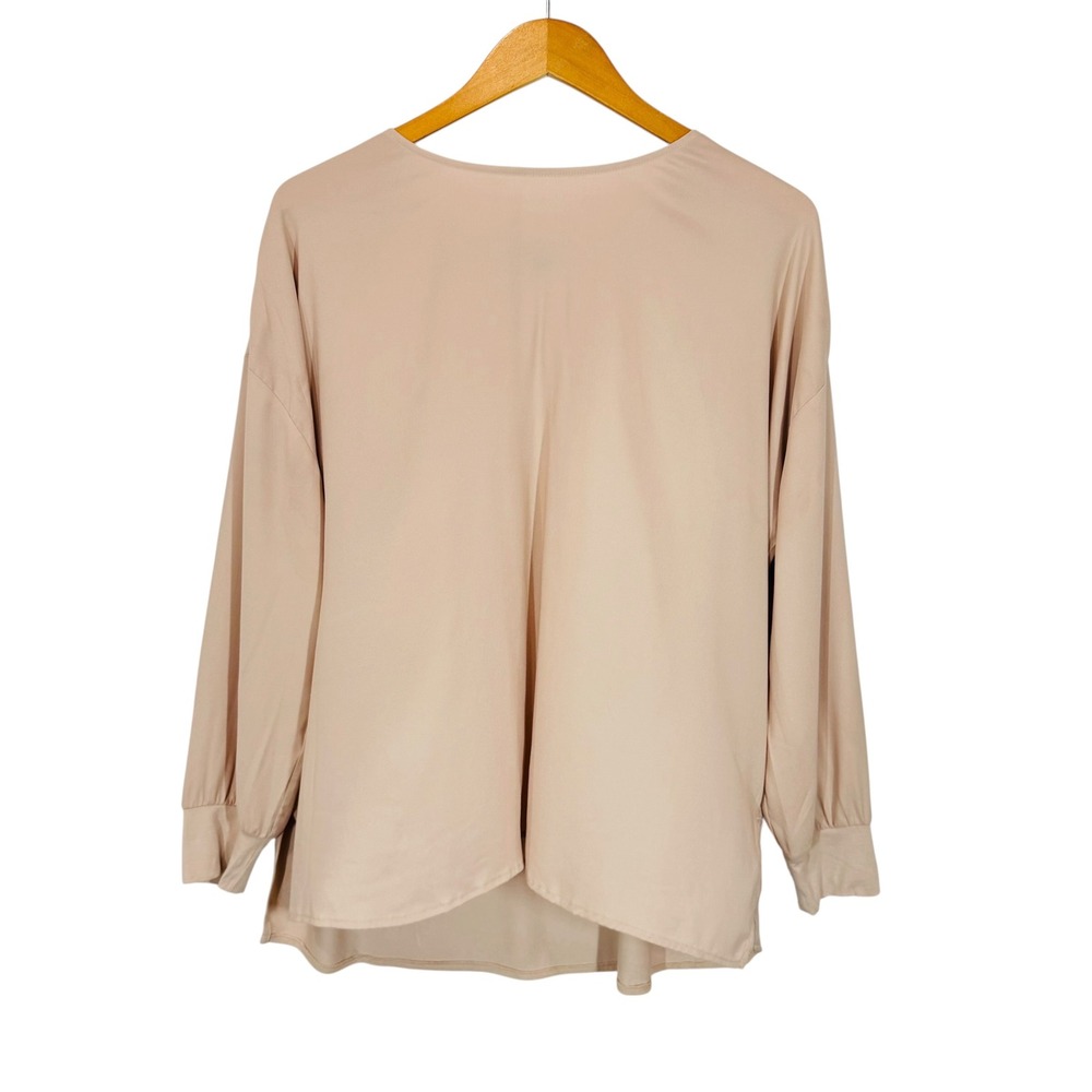 Ann Taylor Top Women M Beige Long Sleeve Puff Shoulder Pleats Neutral Old Money - Picture 3 of 9